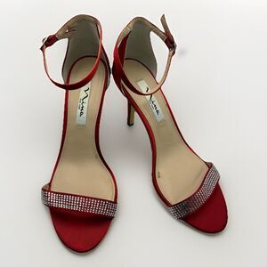 Nina Veniza Red Satin Crystal Embellished Evening Heels Sandals Size 7.5M EU37.5
